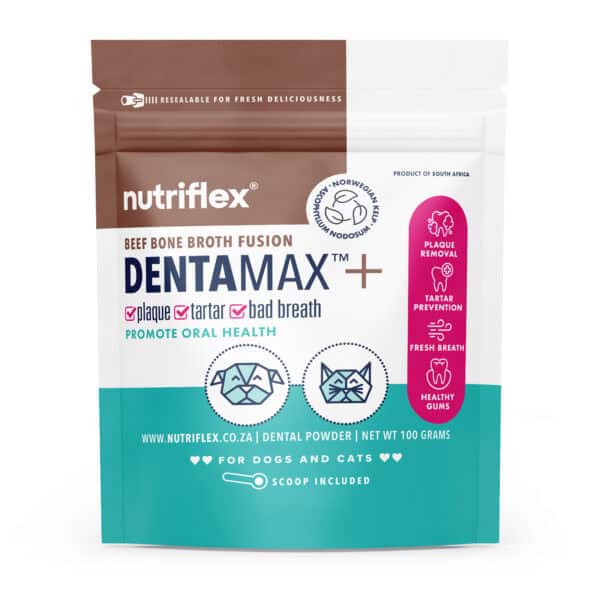 DentaMax Beef Bone Broth Fusion Dental Powder for Dogs and Cats in a 100g pouch. Promotes oral health by targeting plaque, tartar, and bad breath. Features Norwegian kelp. Ideal for maintaining clean teeth and healthy gums in pets.