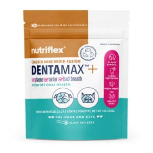 DentaMax Chichen Bone Broth Fusion Dental Powder for Dogs and Cats in a 100g pouch. Promotes oral health by targeting plaque, tartar, and bad breath. Features Norwegian kelp. Ideal for maintaining clean teeth and healthy gums in pets.