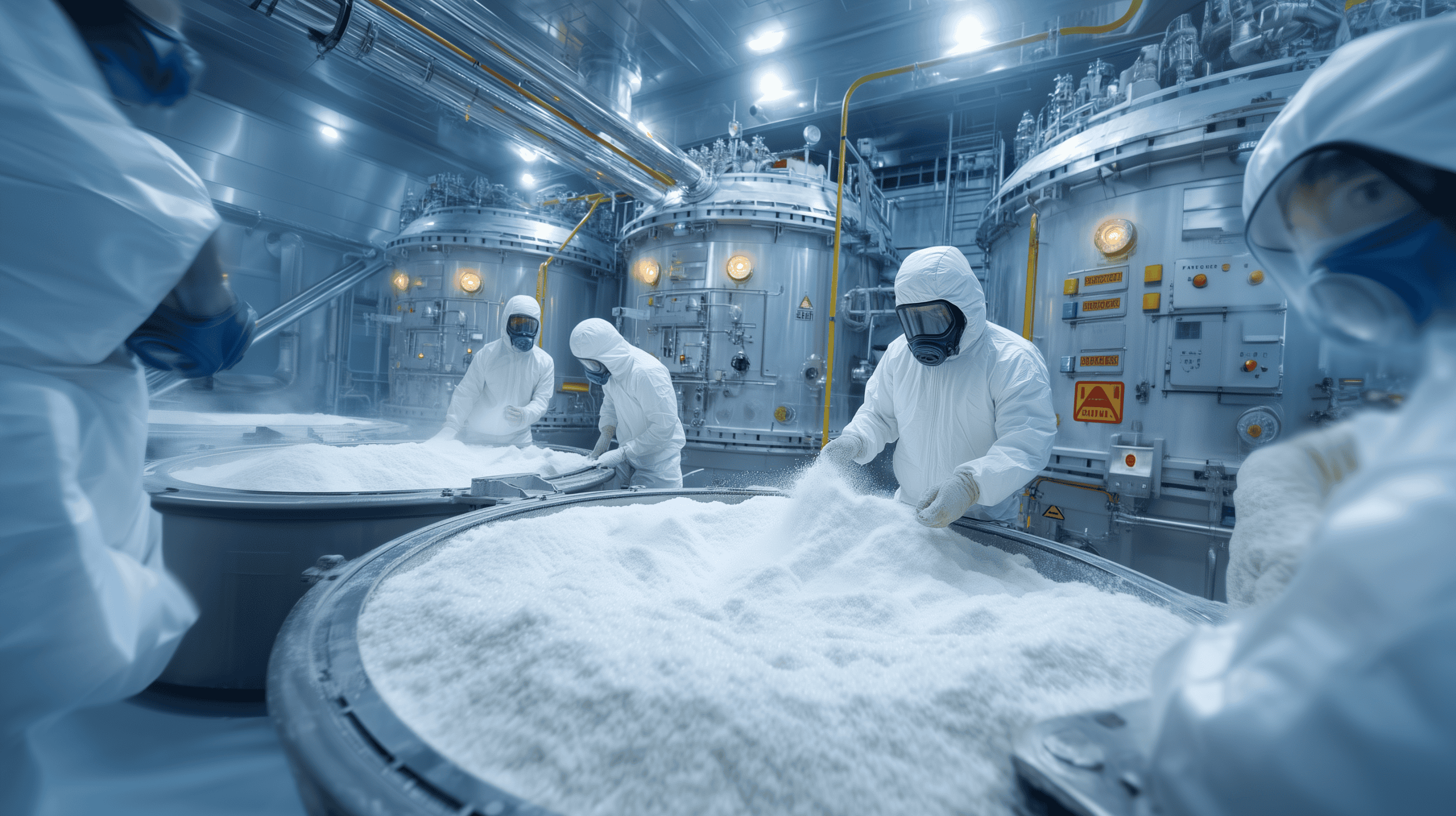 Industrial facility handling sodium hexametaphosphate powder, used to illustrate SHMP as a synthetic chemical additive found in some pet dental products