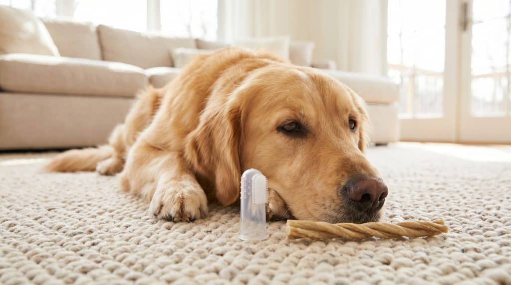 A healthy dog resting indoors next to an unbranded toothbrush and a natural dental chew.
