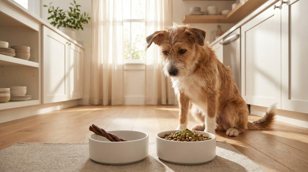 Healthy dog sitting near two bowls comparing a natural dental chew stick with pet food dusted in dental powder.