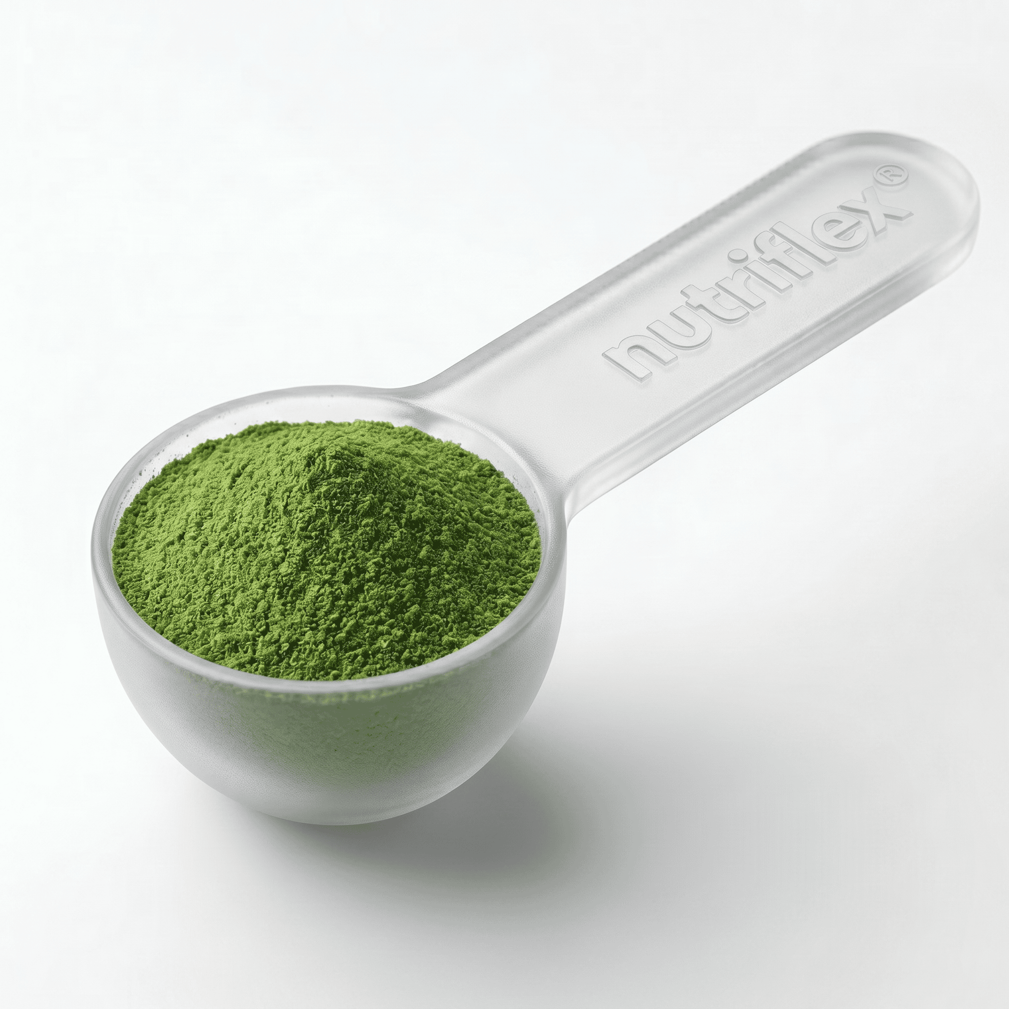 NutriFlex 1g measuring scoop filled with pure Ascophyllum nodosum seaweed powder, the single active ingredient in DentaMax pet dental supplement for dogs and cats