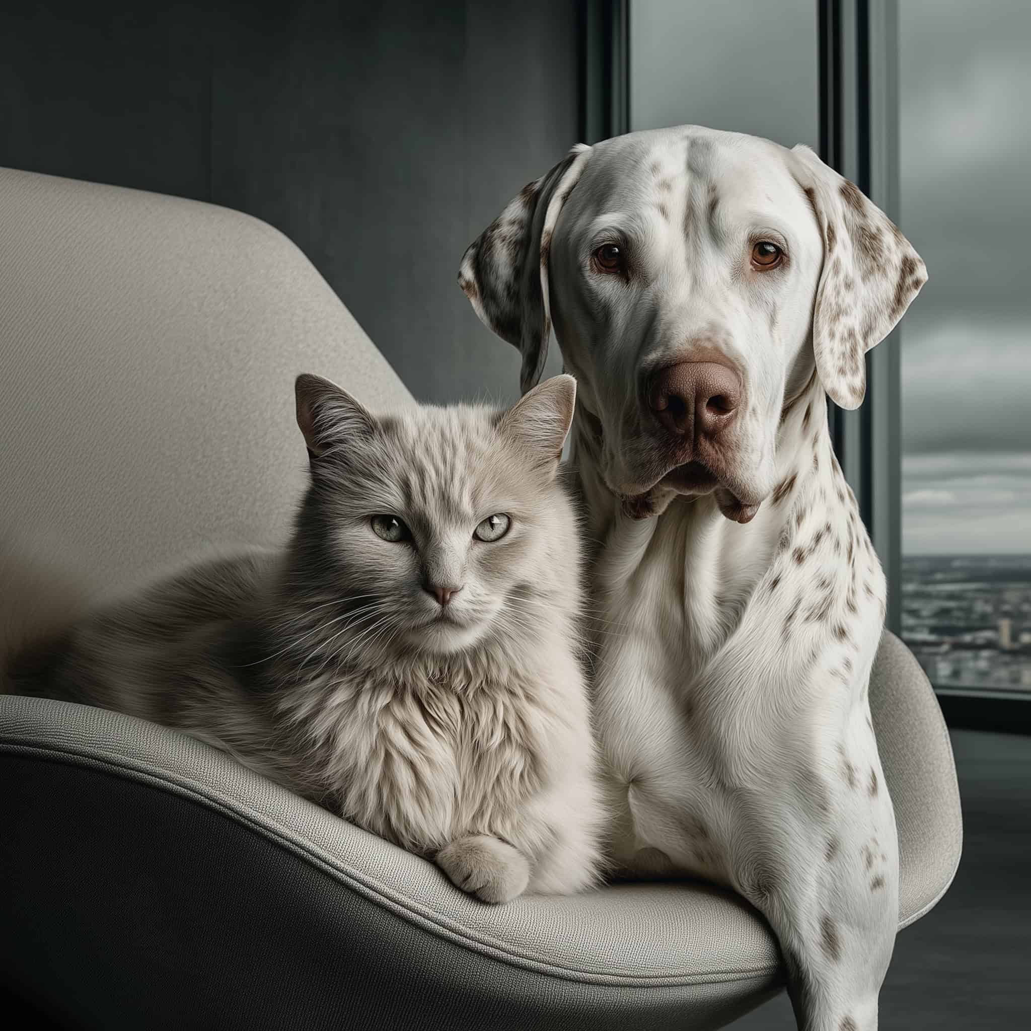 Fluffy cat and Dalmatian dog sitting together on a chair, representing pet dental health care for cats and dogs with NutriFlex DentaMax South Africa
