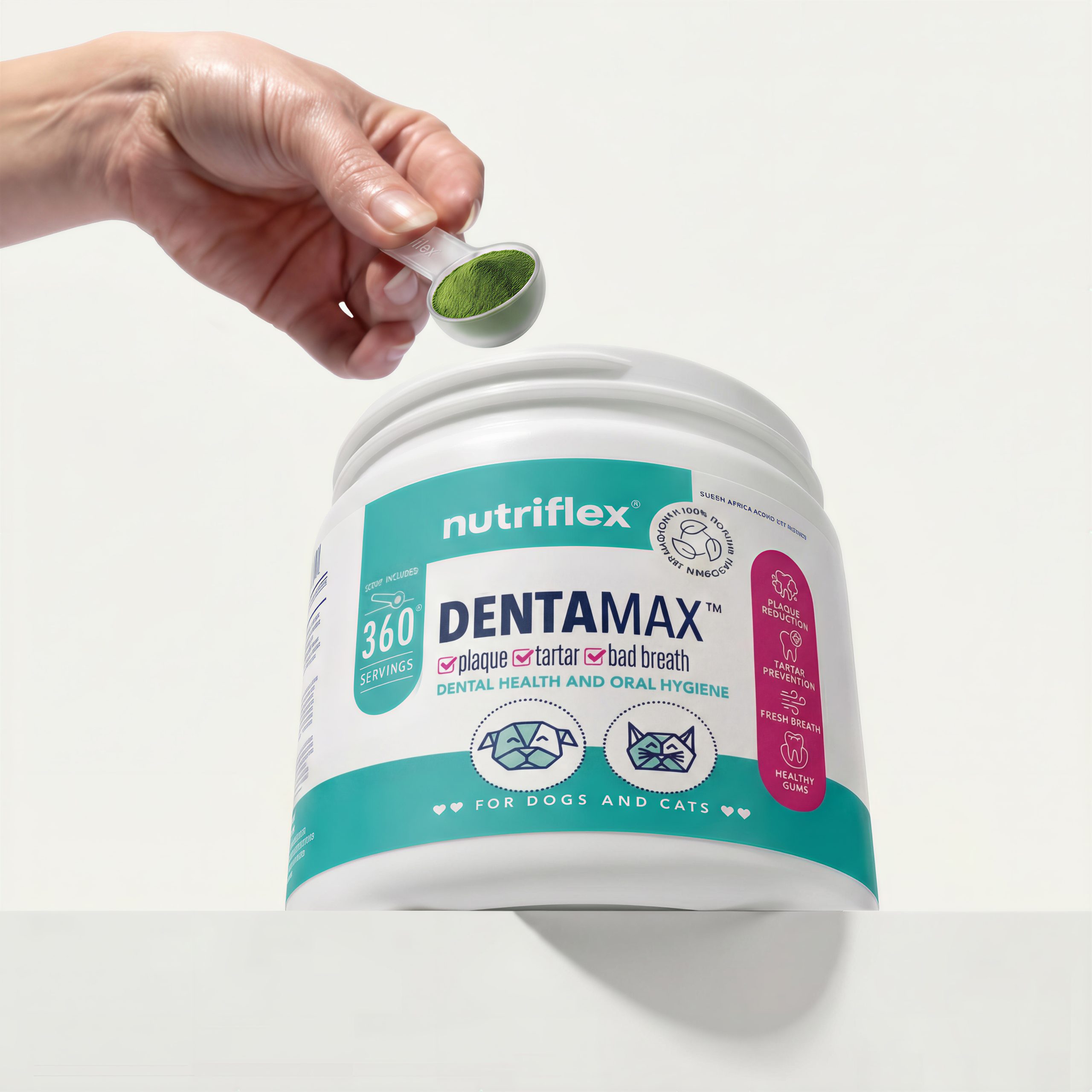 NutriFlex DentaMax dental powder scoop showing daily directions for dogs and cats, with serving amount based on pet weight for optimal plaque, tartar and bad breath support.