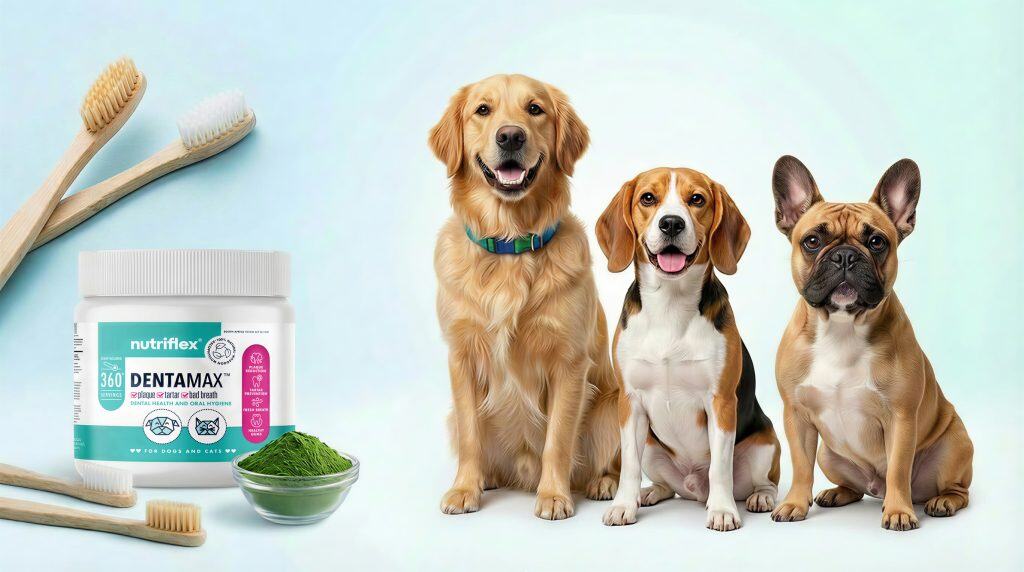Container of NutriFlex DentaMax dental powder beside toothbrushes and a bowl of green powder, with three dogs sitting next to it on a light background