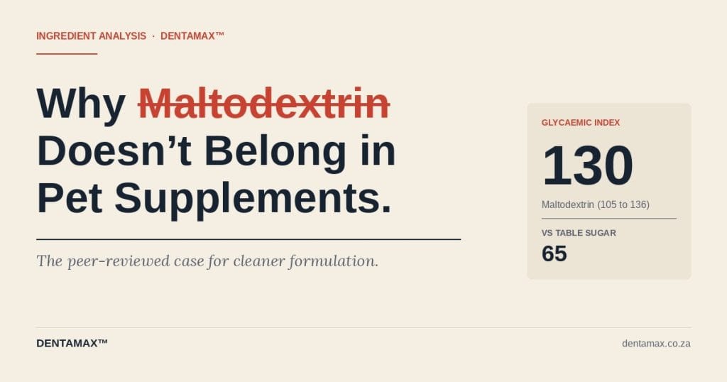 Featured image with the words Why Maltodextrin Doesn't Belong in Pet Supplements, with maltodextrin struck through, and a glycaemic index callout of 130 versus 65 for table sugar.
