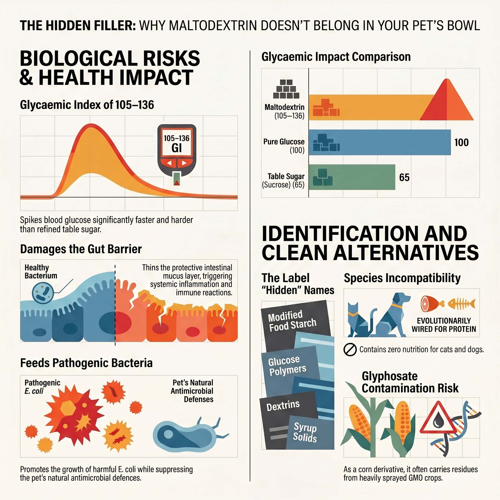 Infographic showing maltodextrin glycaemic index 105 to 136, gut barrier damage and pathogenic bacteria risk in pets
