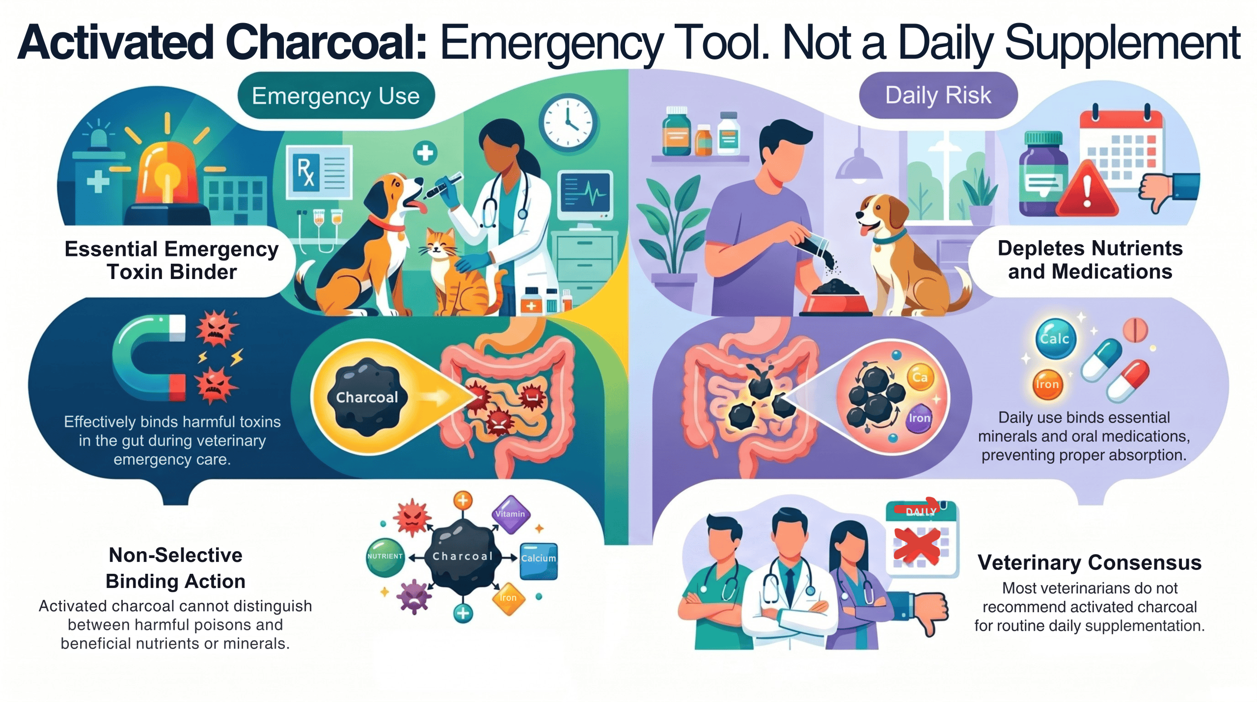 Activated charcoal is an emergency toxin binder for pets, not a daily supplement — daily use depletes nutrients and blocks medications in dogs and cats