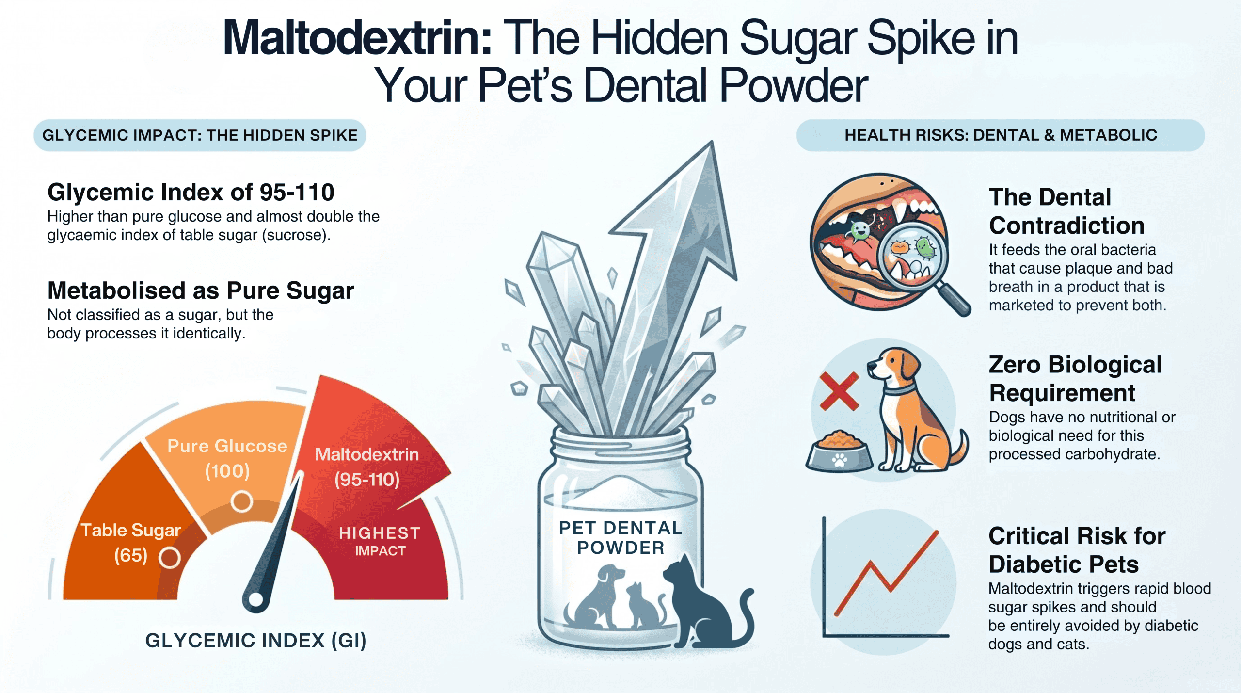 Maltodextrin in pet dental powder has a glycaemic index of 105–136, higher than pure glucose — feeds oral bacteria, has zero biological requirement for dogs and poses critical risk for diabetic pets