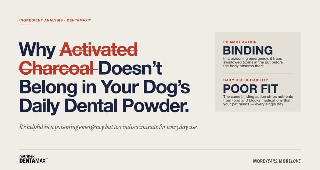 Activated charcoal binds toxins in a dog's gut during poisoning emergencies but is a poor fit for daily dental powders.