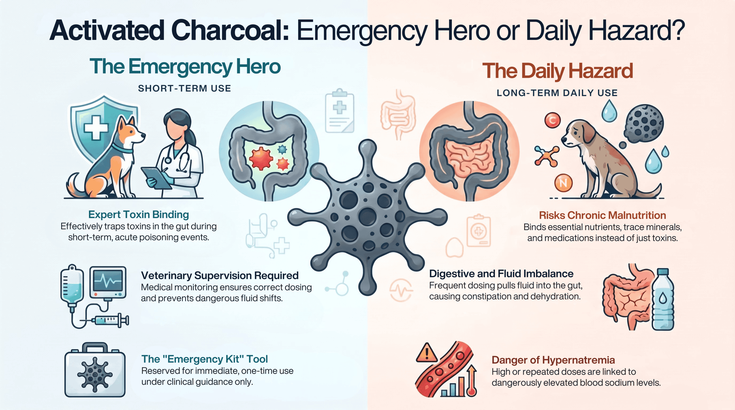 Infographic: activated charcoal is safe for emergency toxin cases in dogs, but daily use risks dehydration and hypernatremia.
