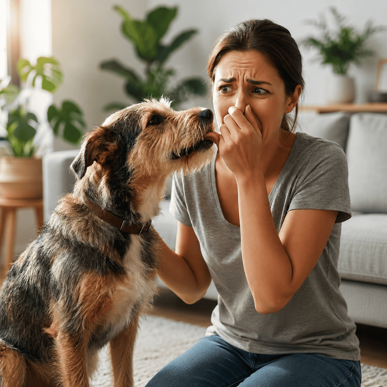 Pet owner covering her nose as her dog's bad breath reveals early signs of dental disease.