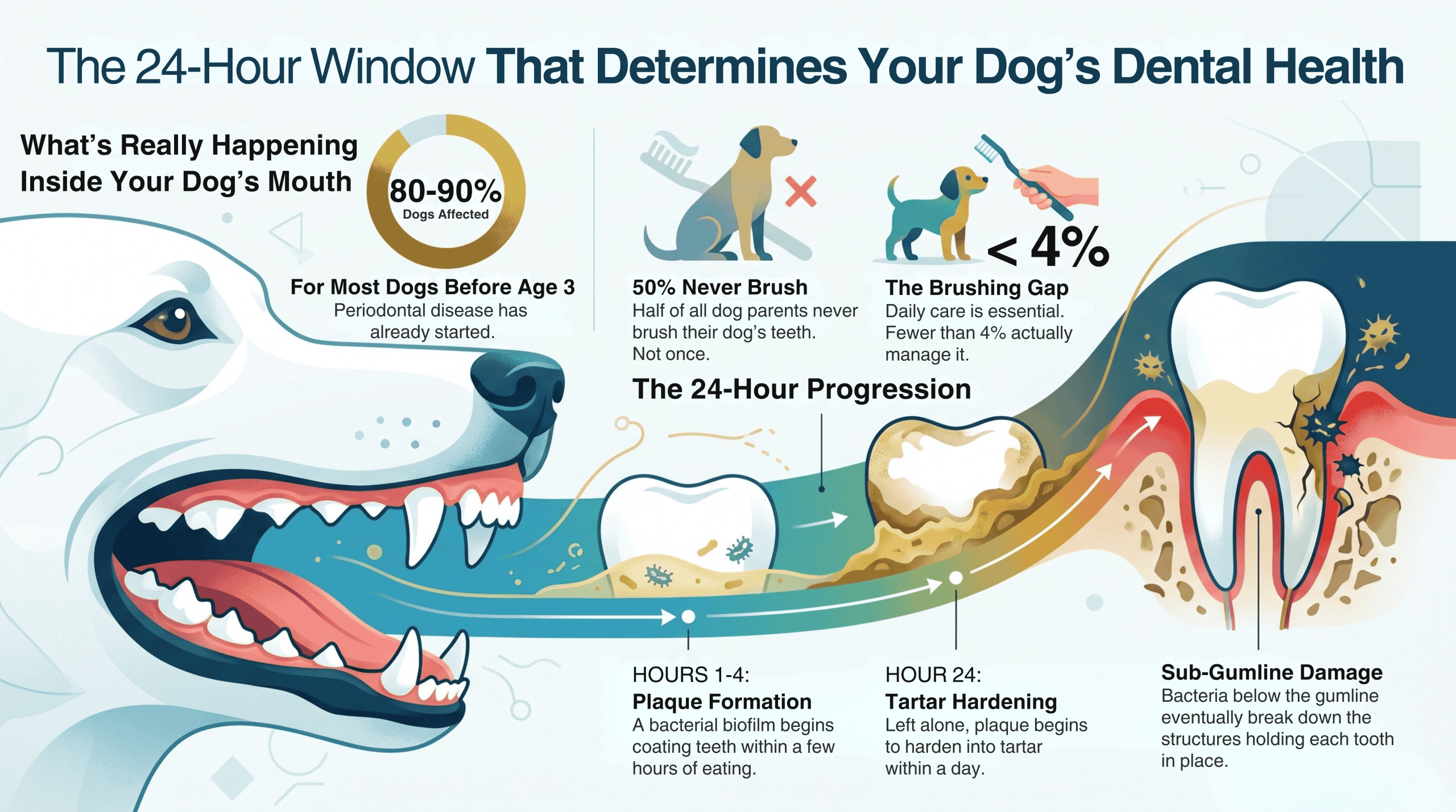 Infographic showing how plaque forms on dog teeth within hours and hardens into tartar within a day, leading to gum disease.