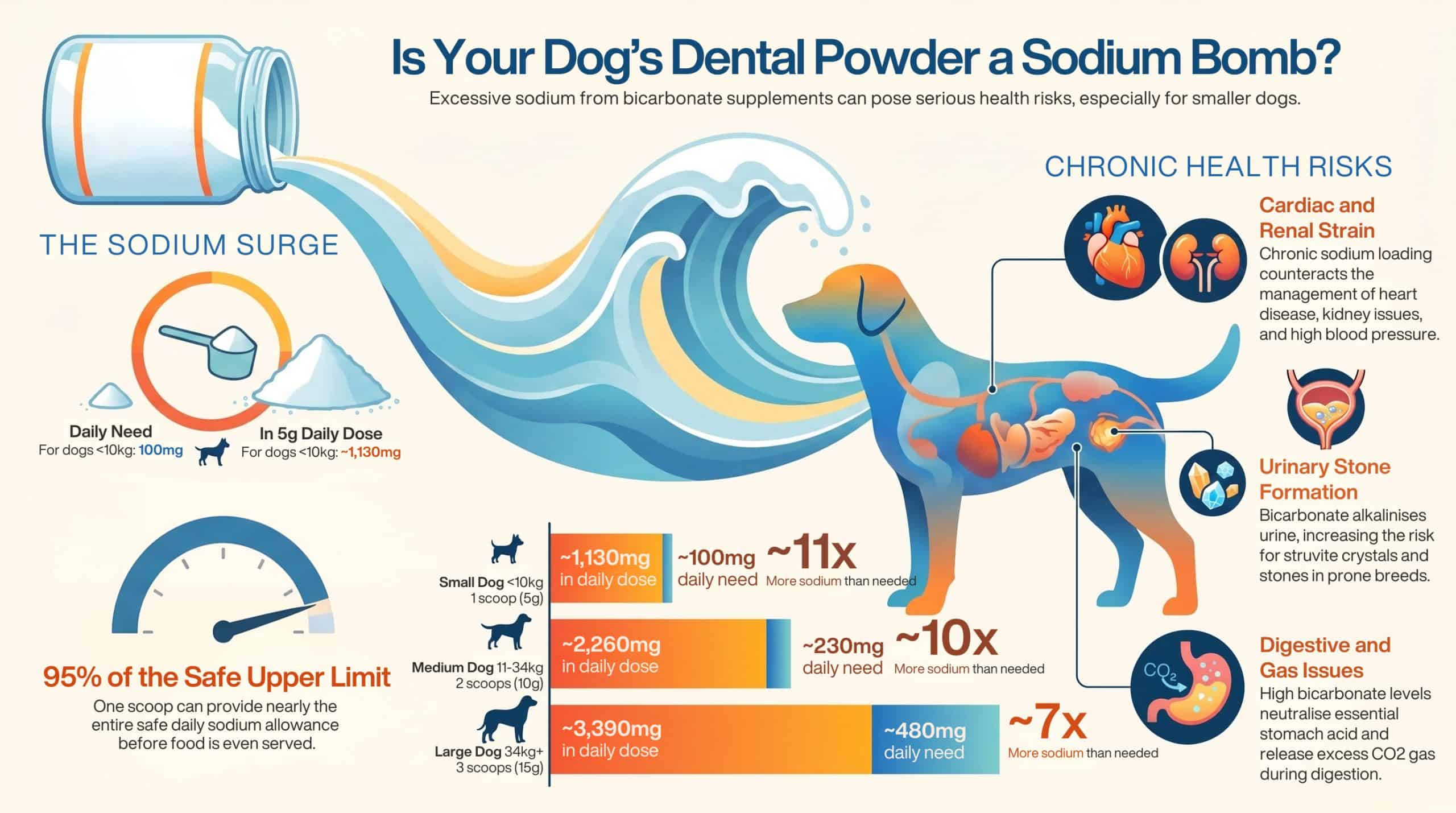Infographic showing a dog dental powder's daily sodium: ~1,130mg for a small dog, about 11x the daily need, with cardiac, renal, urinary and digestive risks.